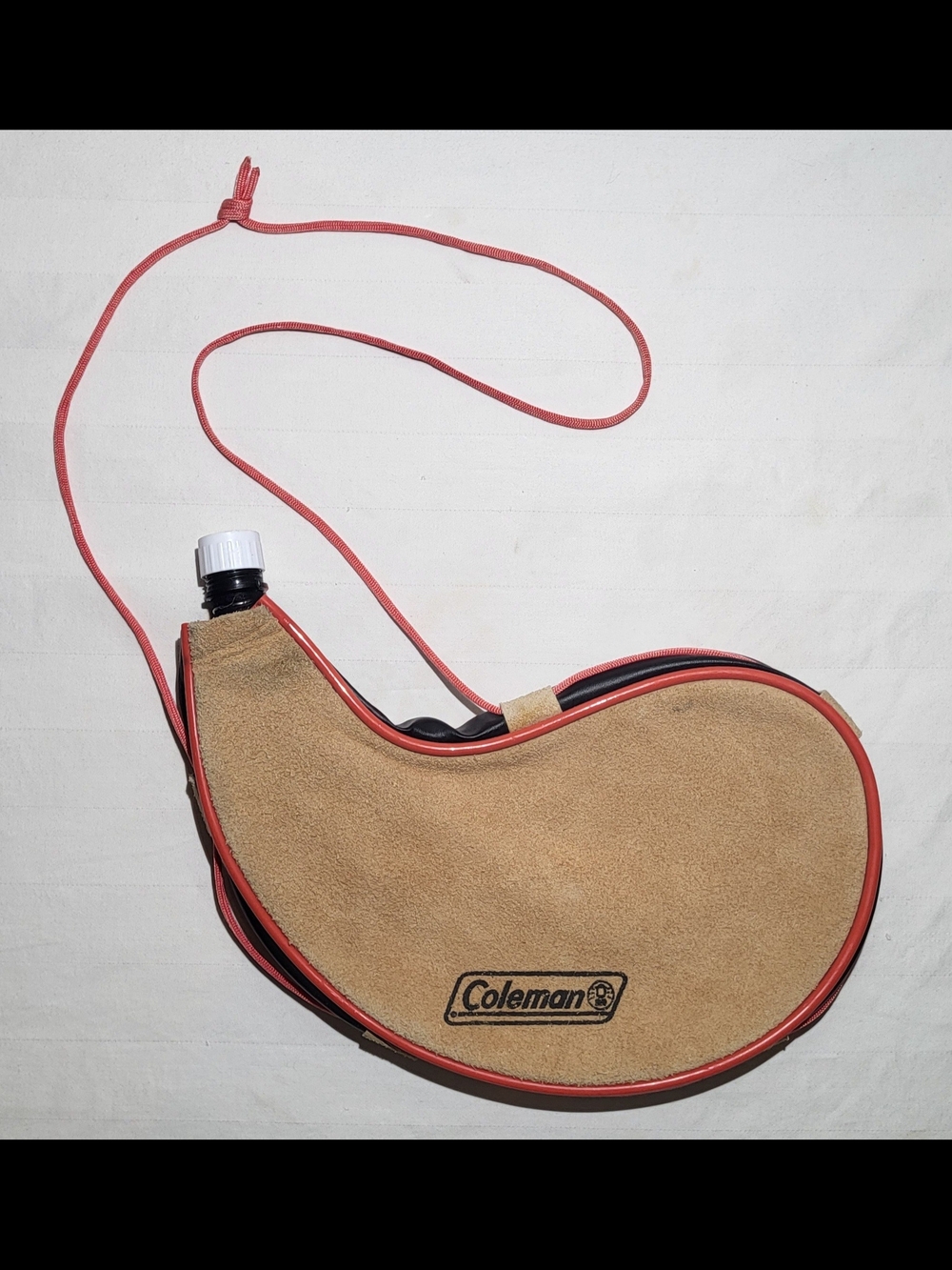 Coleman Vintage Tan Suede Water Bottle Canteen with Red Cord